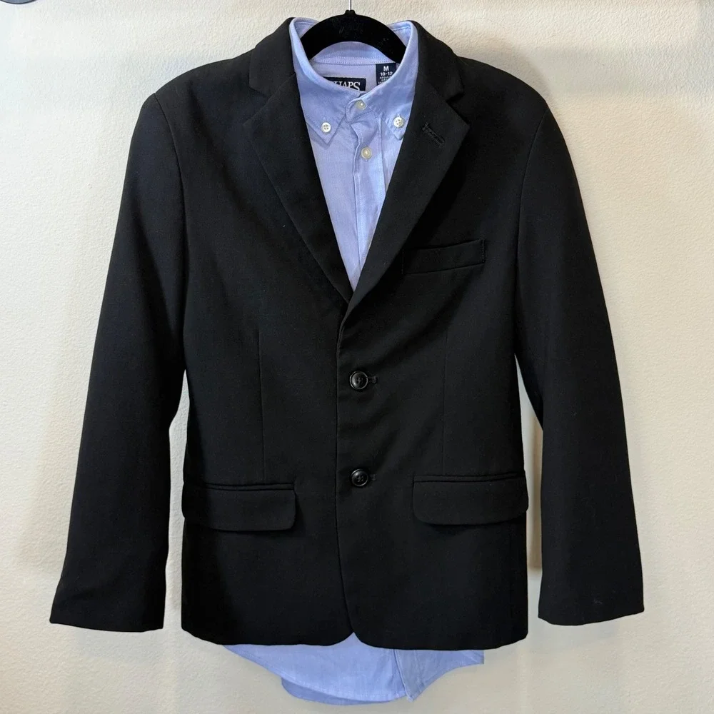 Chaps Boys Black Blazer and Light Blue Stretch Button Down Shirt Set Size 10 289
